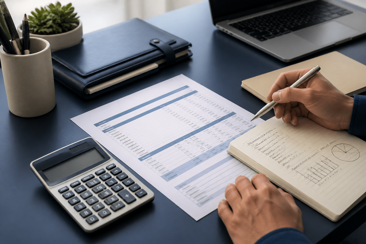 Como conferir holerite para cálculo trabalhista Profissional conferindo holerite com calculadora e anotações